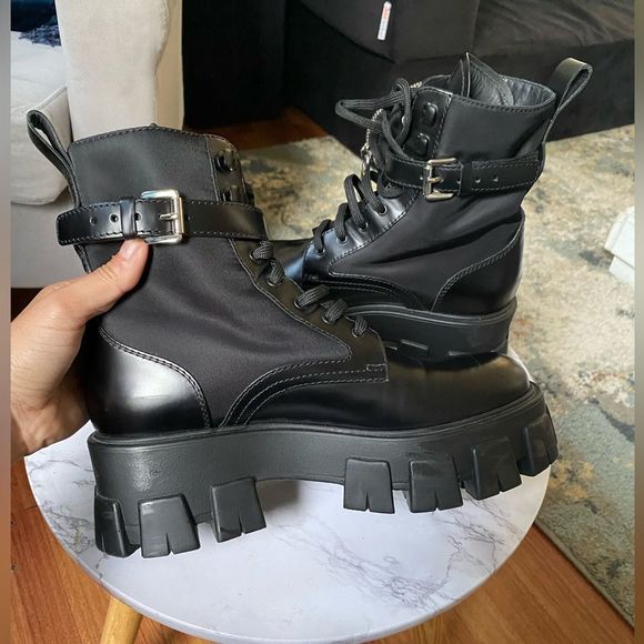 Prada Black Leather Combat Boots with Detachable Pouch - Picture 4 of 16